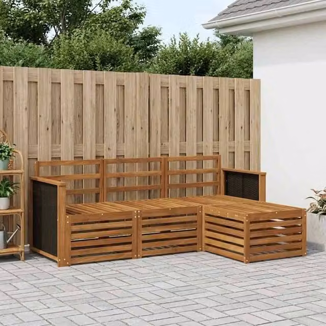 Berkfield Home 4-Piece L-Shape Outdoor Sofa Set in Brown with Treated Acacia Wood Frame and Textilene Fabric
