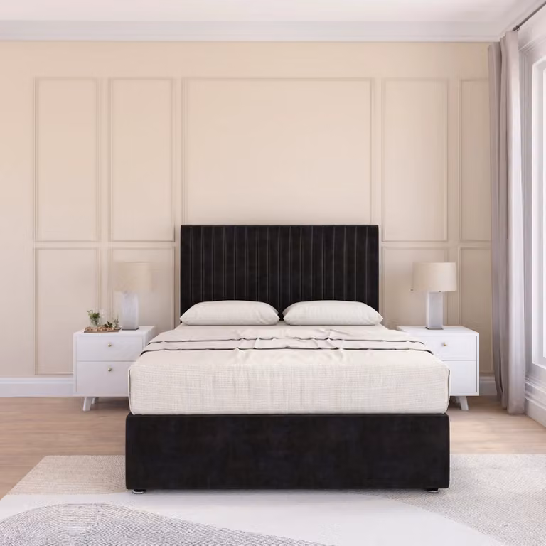 Sloomy Manhattan Small Single Divan Bed Base and 54 inch Floor Standing Headboard in Black Velvet