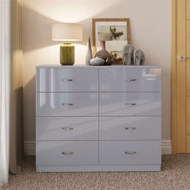 VOGREX 8 Drawer Chest of Drawers with Gloss Fronts and Matt Frame in Grey