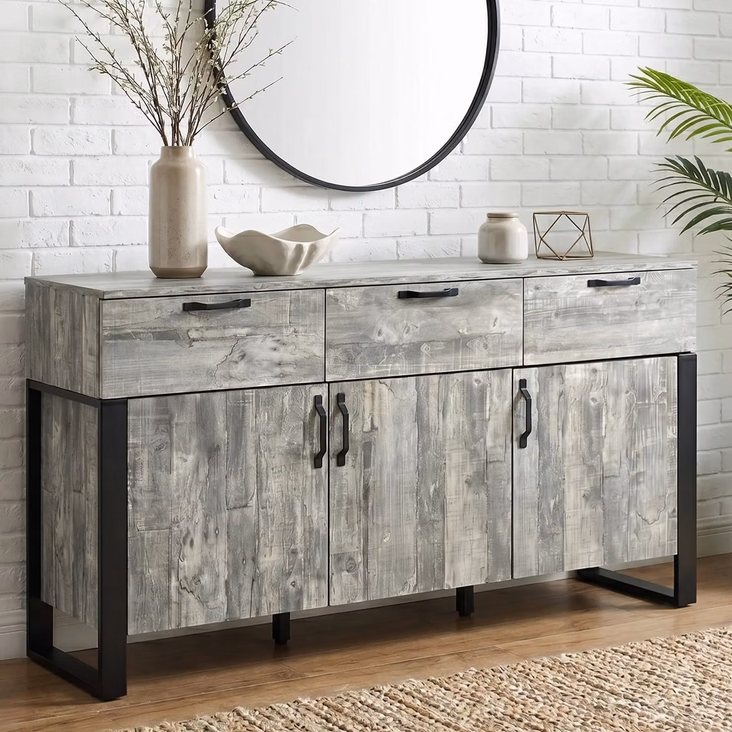 DHS Ironmere Grey and Black Industrial Sideboard Cabinet with 3 Doors and 3 Drawers, W/D/H: 150 x 40 x 80 cm