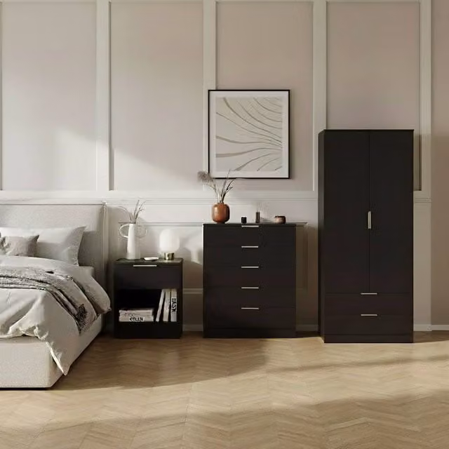 Vida Designs Trega 3-Piece Black Bedroom Set including Wardrobe, 5-Drawer Chest and 1-Drawer Bedside Table