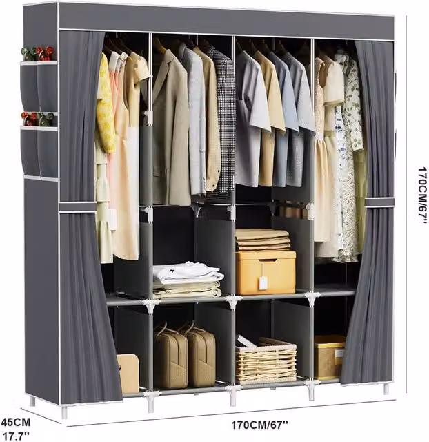 PAWNORA Grey Canvas Fabric Wardrobe with Hanging Rod and Internal Shelves, W: 45.0 cm, D: 45.0 cm, H: 170.0 cm – 1