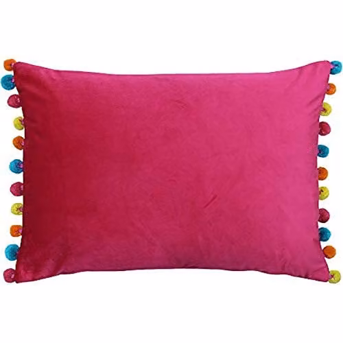 Riva Paoletti Fiesta Rectangular Filled Cushion in Hot Pink and Multicoloured Velvet with Pompom Edges, W: 50 cm, H: 35 cm