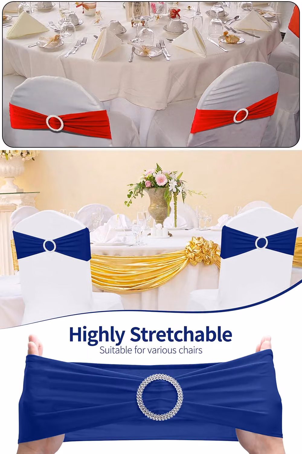 Neel Blue Spandex Chair Bands with Slider Buckle, 10-Piece Set of Stretchy Elastic Chair Sashes for Dining Chairs – 6