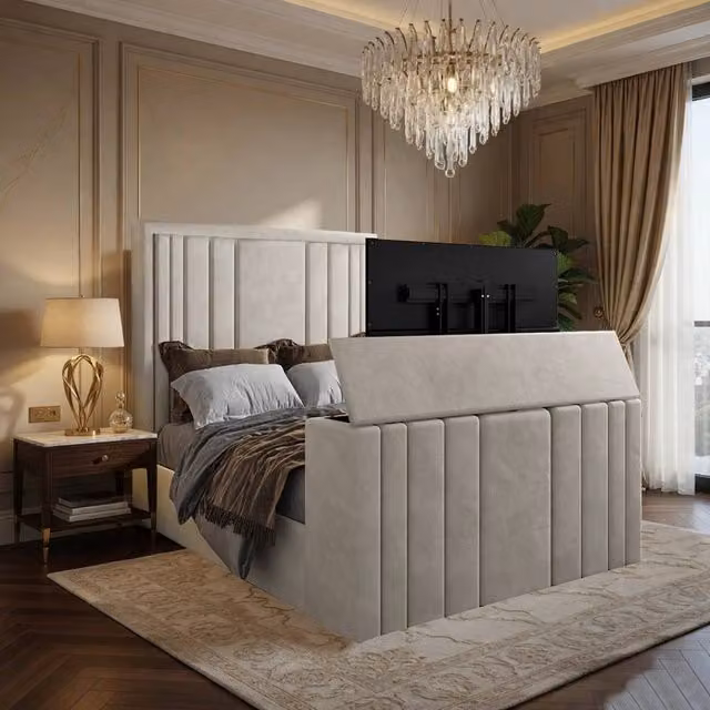 KDMD Artlebeck Upholstered Soft Velvet Pebble Bed Frame in Light Sand, Size: Small Double (W/D/H: 120 x 200 x 152 cm) – 1