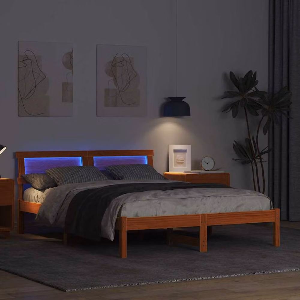 Berkfield Home Solid Pine Bed with Headboard and LED Strip Lights, Wax Brown, W: 135 cm, L: 190 cm – 3