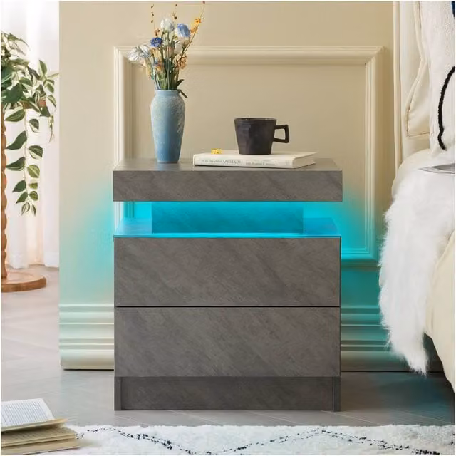 Matteo Modern LED Bedside Table with 2 Drawers and Integrated Under-Bed Lighting in Grey – 1