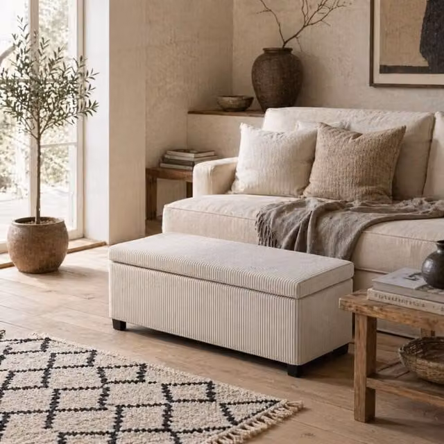 Wyld Haus Toha Beige Corduroy Storage Ottoman Bench with Removable Padded Lid
