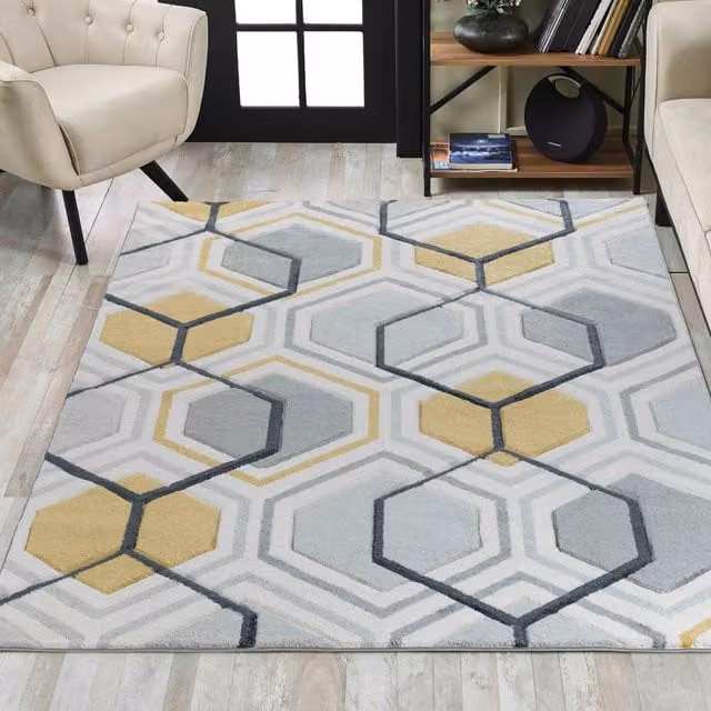 Desire Rugs Valencia Modern Geometric Hexagon Carved Area Rug in Grey and Multicolour, W: 200 cm, D: 290 cm