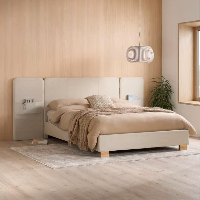 Birlea Isla Upholstered Double Bed in Beige with Side Compartments and Bedside Shelf, W/D/H: 140 x 200 cm