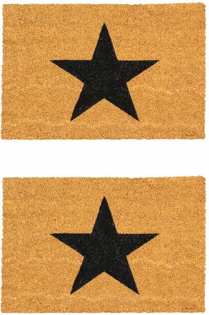 Nicola Spring Coir Door Mats with Black Star Design, Pack of 2, Brown, W: 60 cm, D: 40 cm