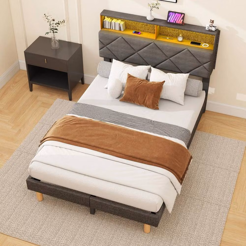 EONLION Grey Upholstered Double Bed Frame with Dimmable RGB Under-Bed Lighting, W: 140 cm, L: 200 cm – 4