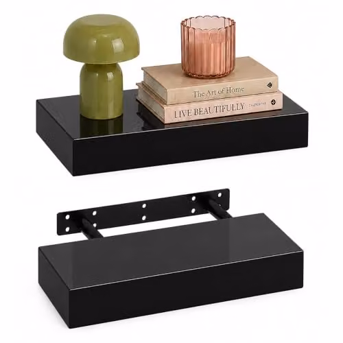 iTrend Set of 2 Black High Gloss Floating Wall Shelves, Modern MDF Wall Mounted Storage Shelves for Living Room, Kitchen and Bathroom, Height: 30 cm – 5