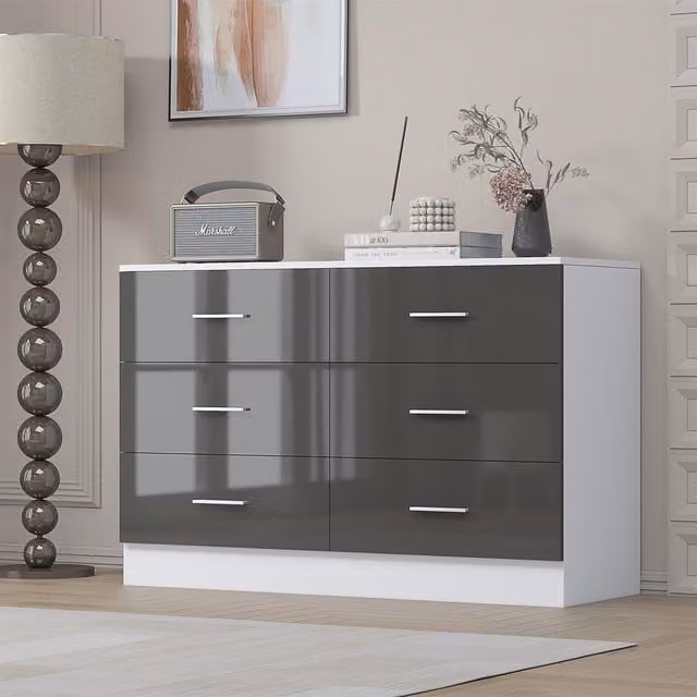REFLECT Wide 6 Drawer Chest in Grey High Gloss and Matt White Finish