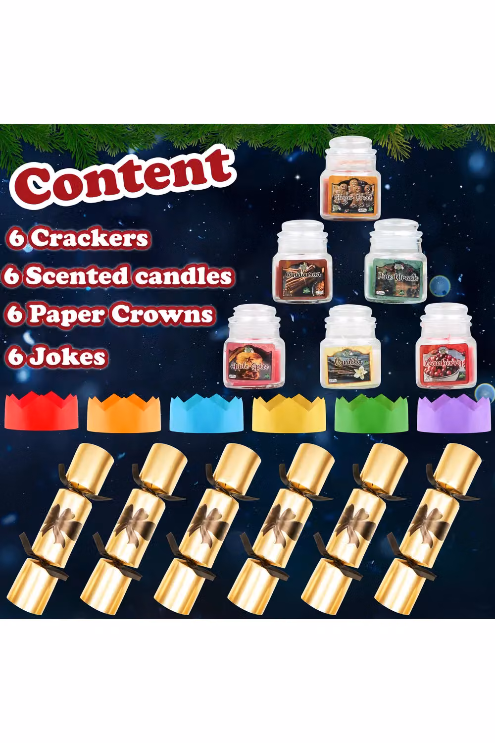 KreativeKraft Luxury Christmas Crackers, Pack of 6 Gold Glass and Multicolour Festive Party Crackers with Mini Scented Candles – 11