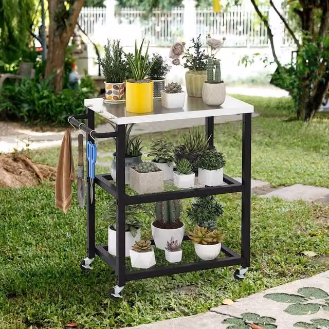 COSTWAY 3-Tier Black Metal Outdoor Grill Cart on Wheels