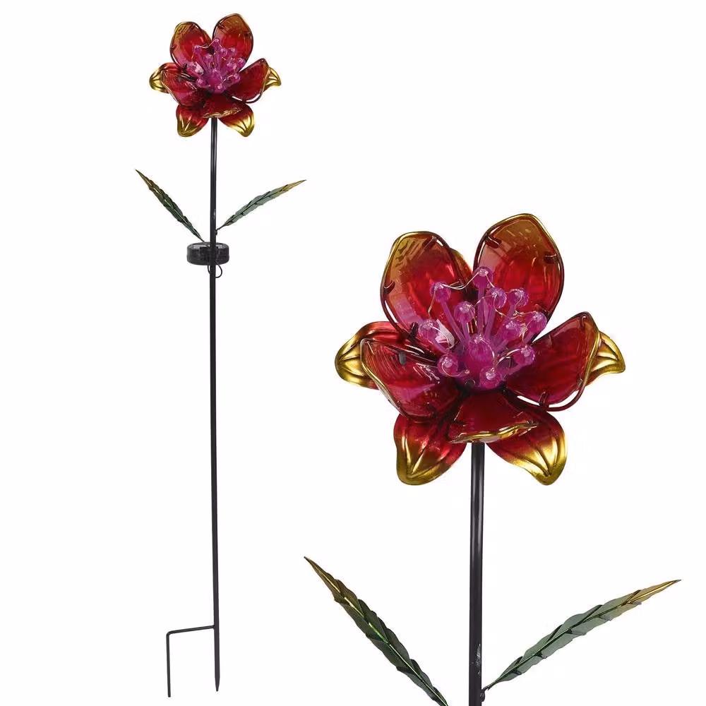 mysmartbuy Solar Floral Garden Stake Light with Pink Multicolour Hand-Painted Glass Petals and Cool White LED Bulbs – 2