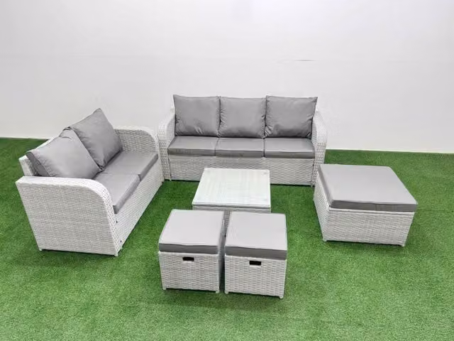 Fimous 8 Seater PE Rattan Wicker Garden Furniture Set in Light Grey with 3 Seater Sofa, Love Seat, Square Coffee Table and 3 Ottomans