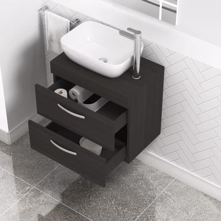 Royal Bathrooms 600mm Wall Hung Vanity Unit with 2 Drawers in Charcoal Oak and Elva Countertop Basin
