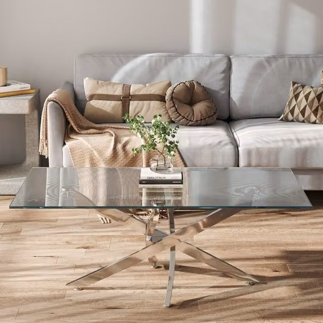 Livingandhome Modern Rectangular Silver Coffee Table with Transparent Tempered Glass Top
