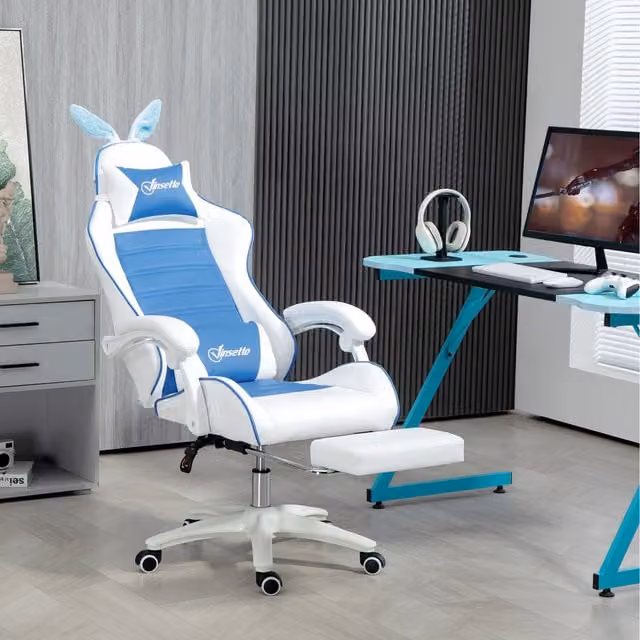 Vinsetto Blue and White Synthetic Leather Gaming Chair for Adults with Headrest and Armrests