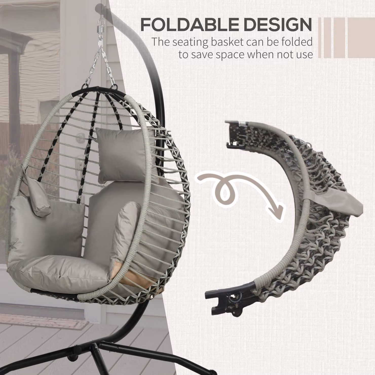 Outsunny Grey Egg Outdoor Swing Chair with Metal Stand and Padded Cushion – 4