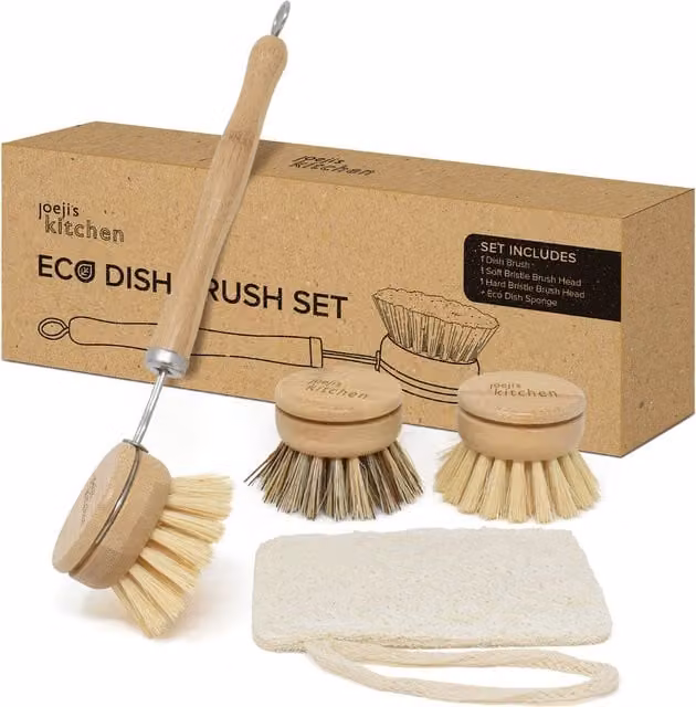 Joejis Brown Bamboo Dish Brush Set with Refillable Head and Natural Fibres