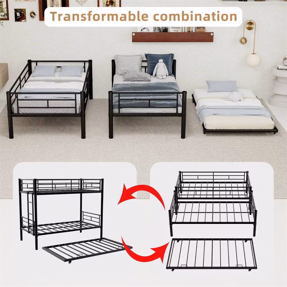 Direct Wicker Black Metal Three-Layer Bunk Bed with Pull-Out Bed, Size: 90 x 200 cm – 6