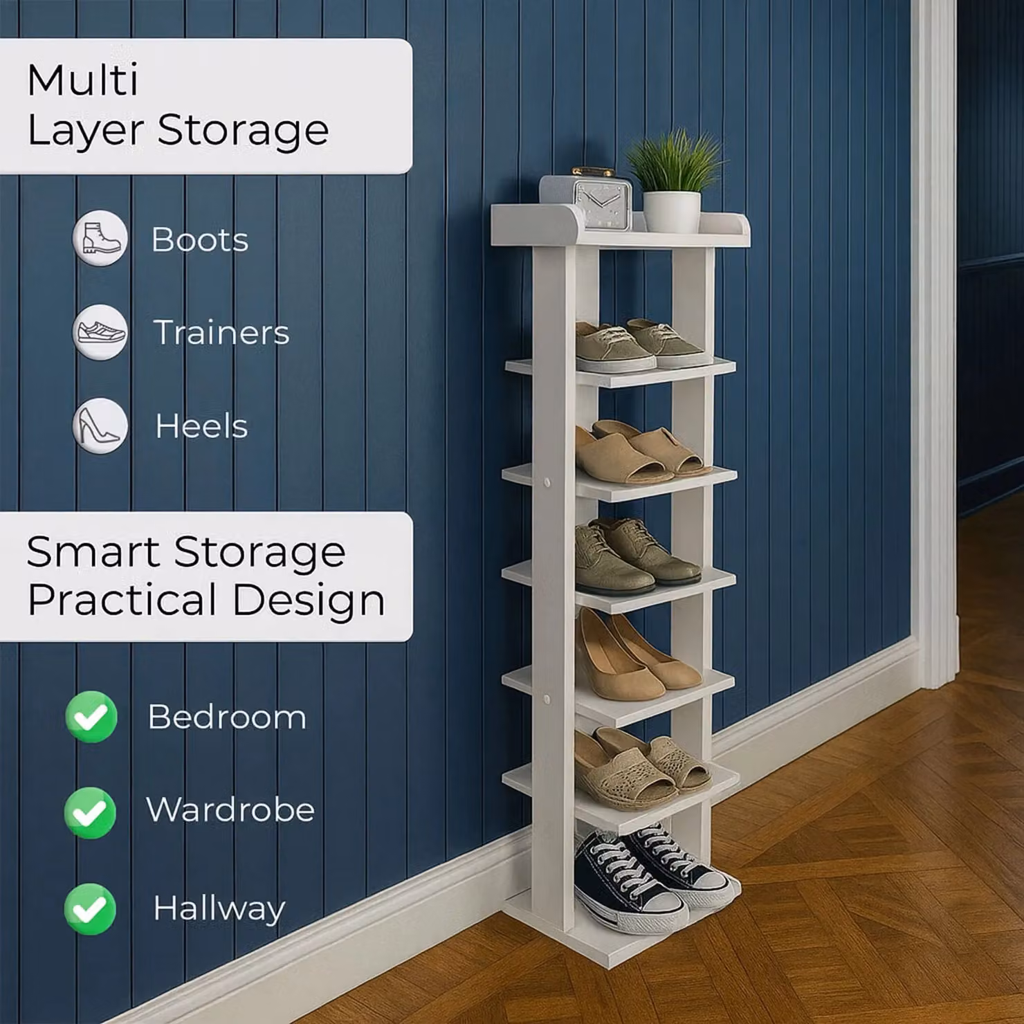 Neo 7 Tier Slim Wooden Shoe Rack Storage in White – 2