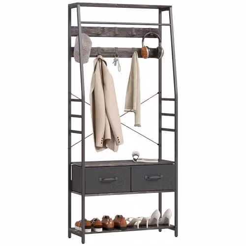 HOMCOM Industrial Hall Tree with Bench and 10 Hooks in Grey