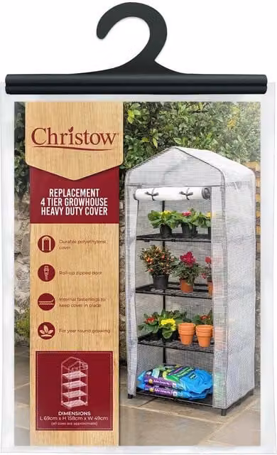 Christow 4 Tier Mini Greenhouse Replacement Cover in Transparent PVC, W/D/H: 69 x 49 x 158 cm