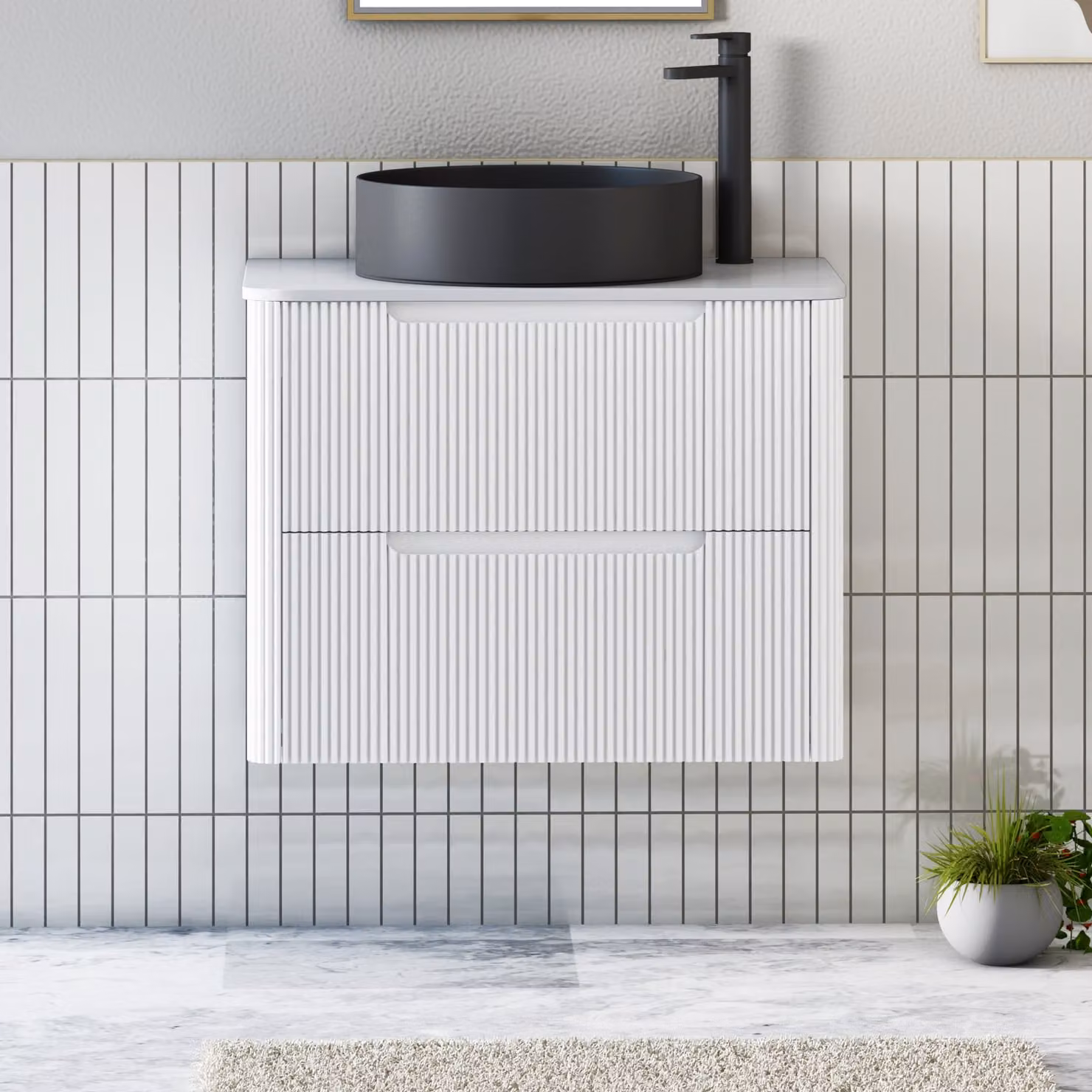 Royal Bathrooms Avenza Wall Hung Vanity Unit in Matt White with 2 Drawers and Art Round Basin, Width: 60 cm