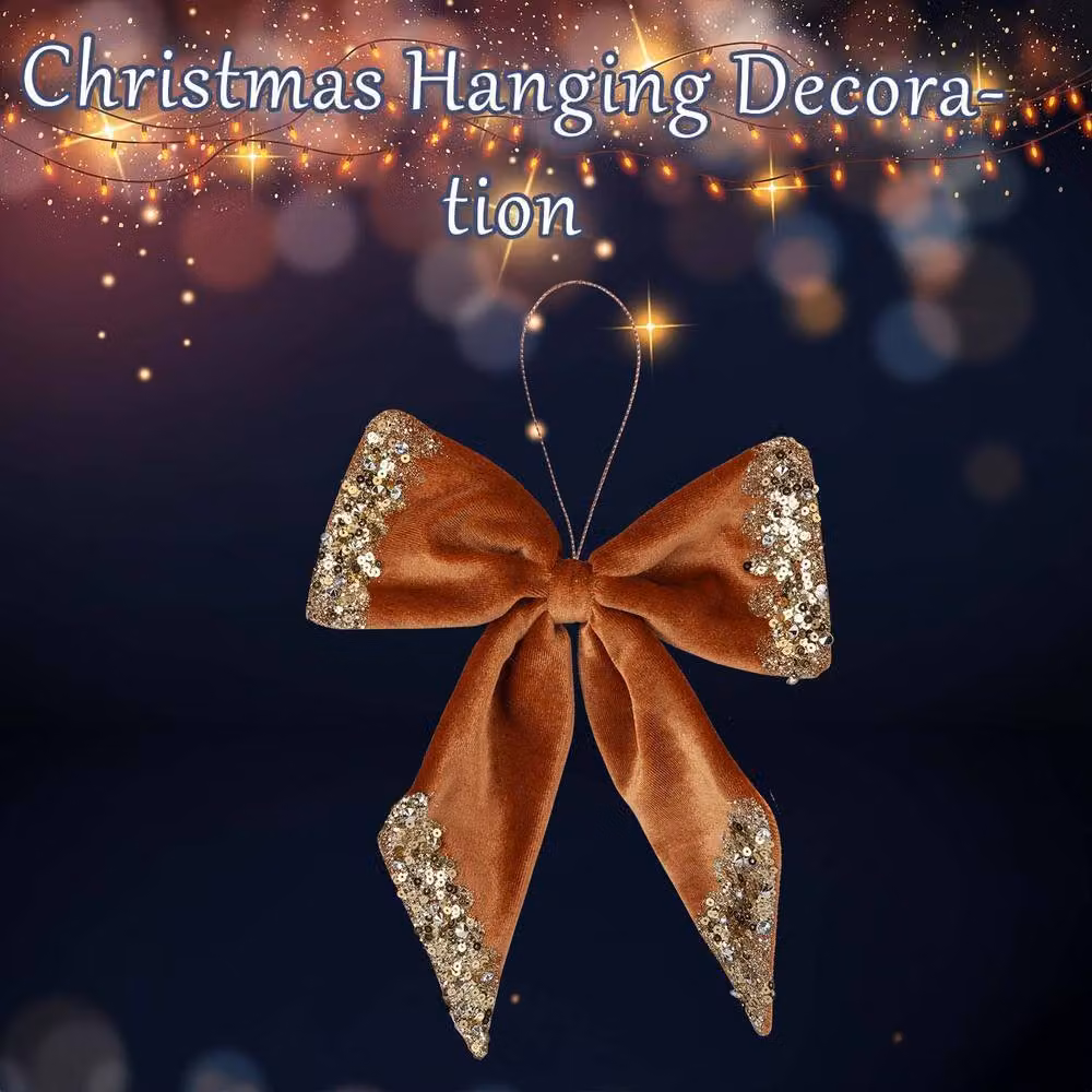 VFM e-Store Christmas Velvet Bow Hanging Decoration, Gold and Brown, W: 22 cm, H: 21 cm – 3