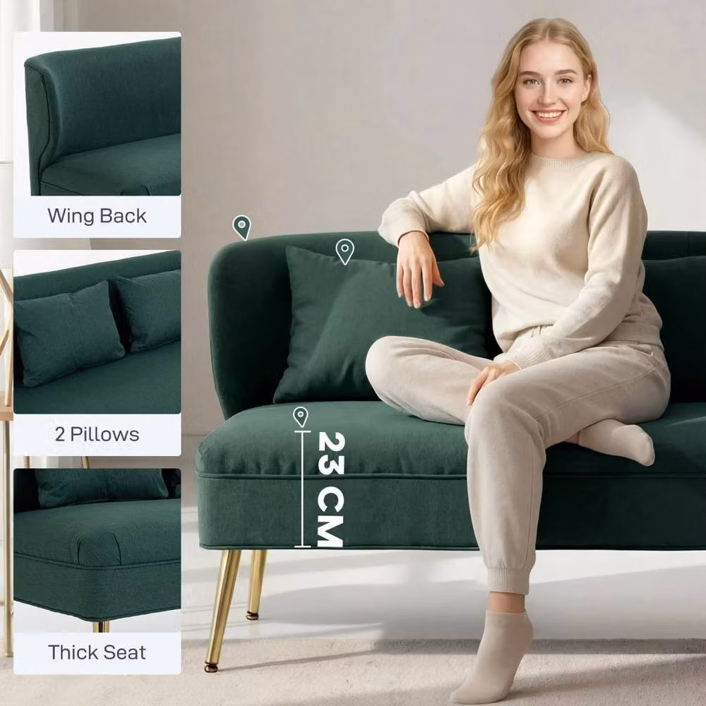 Wyld Haus Madi 2 Seater Wingback Sofa in Dark Green Linen Effect Fabric with Gold Metal Legs, W/D/H: 117 x 78.5 x 65 cm – 5