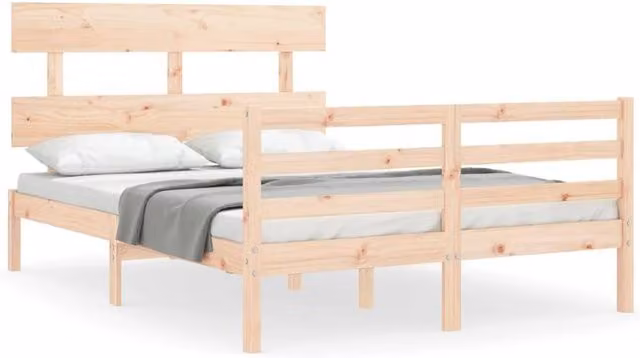 Berkfield Home Solid Wood Bed Frame with Headboard in Beige, W: 140 cm, L: 200 cm