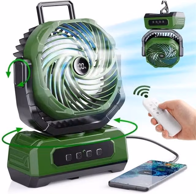 Nordara Rechargeable Portable Camping Fan in Green with Timer, Light and Remote Control