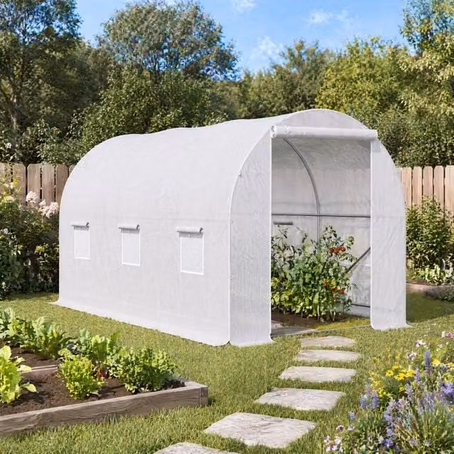 STILVORA Walk-in Greenhouse with 6 Windows and PE Cover, White, W: 350 cm, D: 200 cm, H: 200 cm – 1