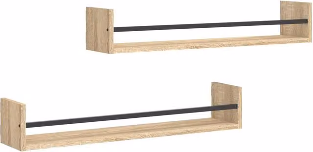 Berkfield Home Wall Shelves with Bars, 2 Piece Set in Sonoma Oak and Light Tan, W/D/H: 80 x 16 x 14 cm