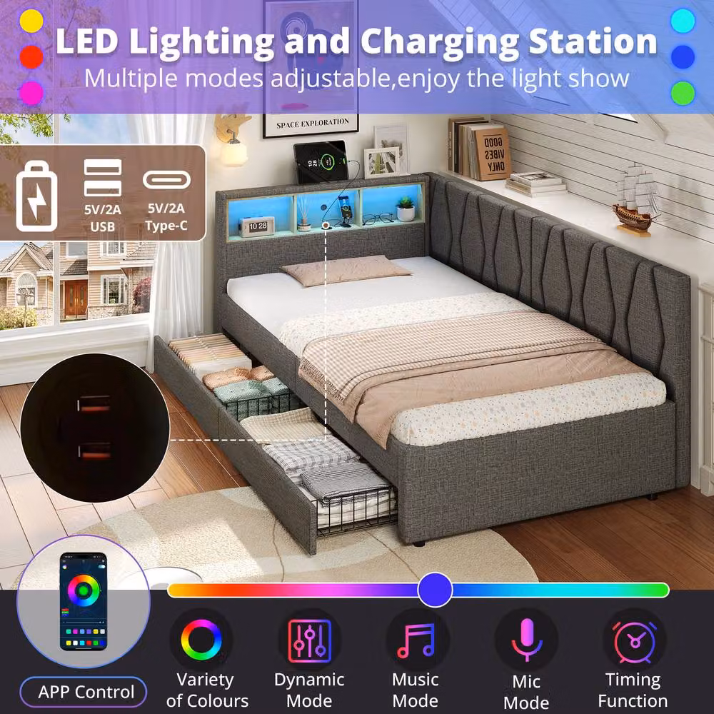 ModernLuxe Single Daybed in Grey with LED L-shaped Storage Headboard, 2 Drawers and USB Charging Port, W/D/H: 190 x 90 x 97 cm – 5