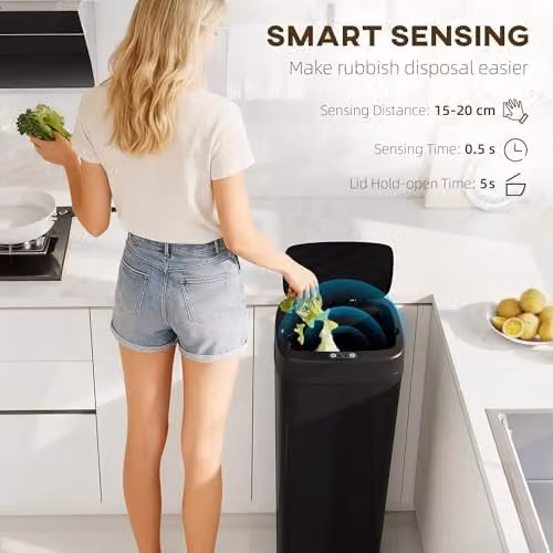 HOMCOM 50L Automatic Sensor Slim Kitchen Bin in Black, W/D/H: 25.0 x 33.0 x 84.0 cm – 3
