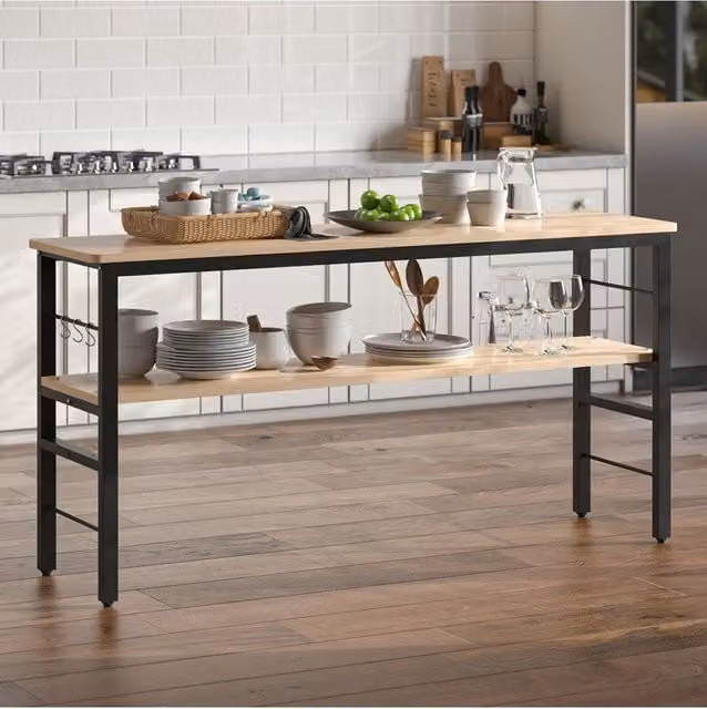 Living and Home 2-Tier Microwave Stand Kitchen Organiser with Hooks, Black in Natural, W/D/H: 160 x 40 x 80 cm – 1