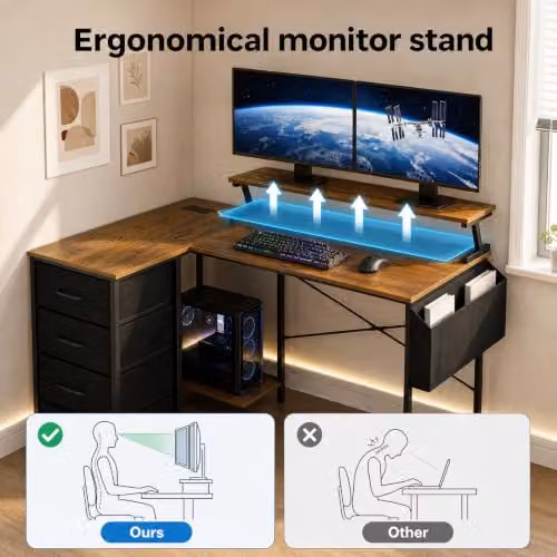 Levede L Shaped Corner Desk with Storage, Drawers, Charging Station and Ergonomic Monitor Stand, Walnut, W: 140 cm, D: 80 cm, H: 87 cm – 3