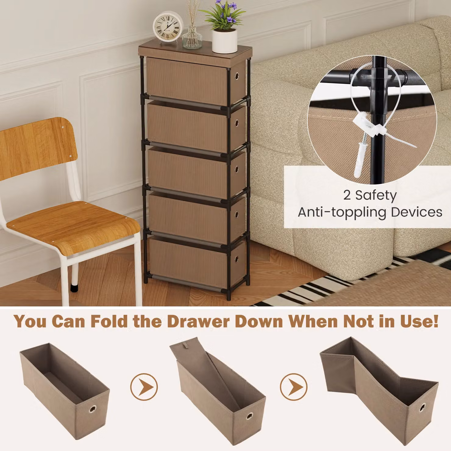 Gymax Narrow Slim Storage Tower Chest of Drawers with 5 Drawers in Brown – 4