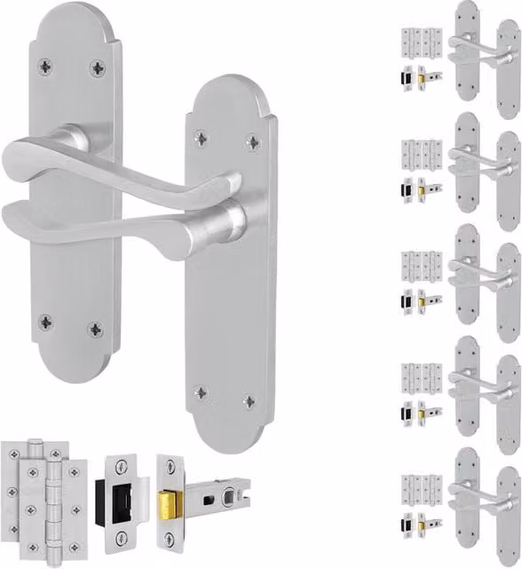 AFIT Satin Chrome Door Handle Latch Set with Silver Hinges, 6 Pairs, Size: 150 x 150 mm – 1