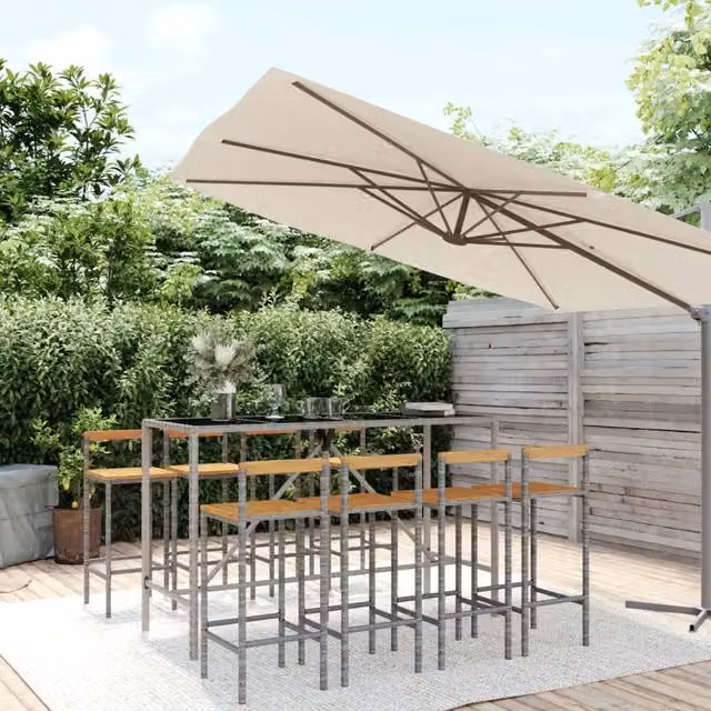 Berkfield Home 9 Piece Garden Bar Set in Grey Poly Rattan and Solid Acacia Wood – 1