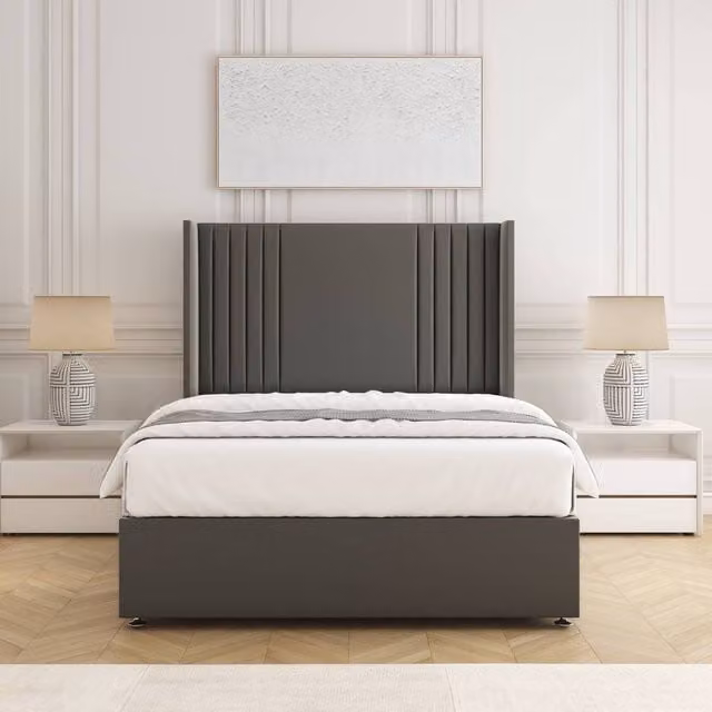 BSSPOKE Cheshire Super King Divan Bed with 54 inch Headboard and 10 inch Mattress in Grey Plush Velvet