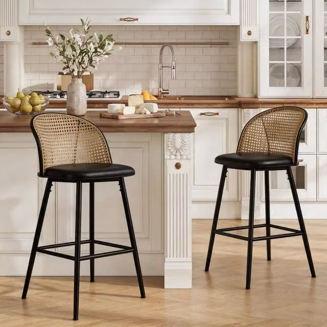 Furniture One Modern Padded Bar Stools with Rattan Back in Black