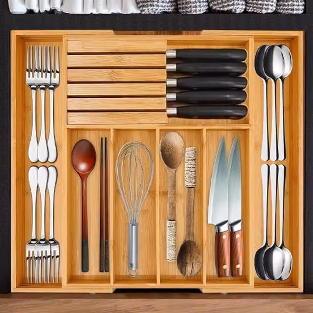 MantraRaj Extendable Bamboo Cutlery Tray Organiser with 7 Compartments, Brown
