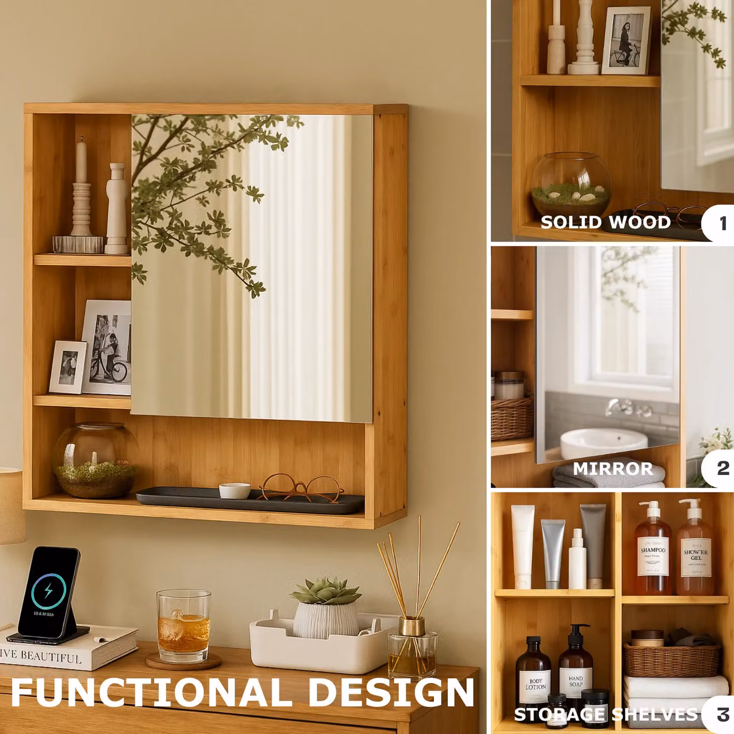 FURNOS Bamboo Wooden Wall Mounted Bathroom and Kitchen Storage Cabinet with Mirror and Soft Close Hinged Doors in Brown – 5