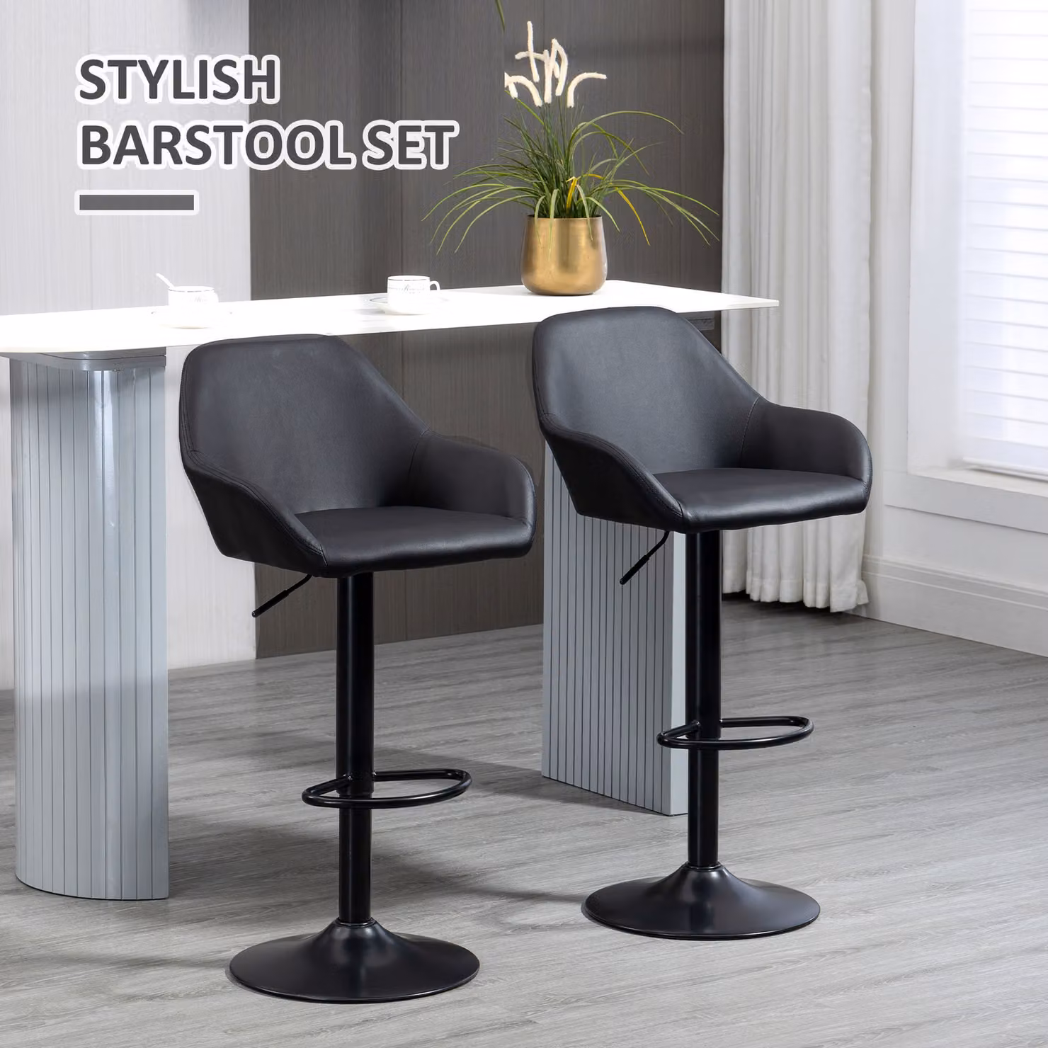 HOMCOM Set of 2 Black PU Leather Height Adjustable Swivel Bar Stools with Armrests and Backs – 4